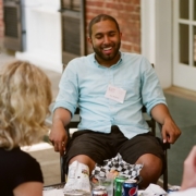 AJ Walton enjoying conversation over lunch